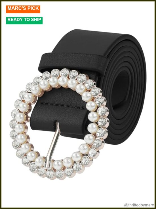 PU Rhinestone Pearl Buckle Fashion Waist Belt for Dresses Pants main image 5